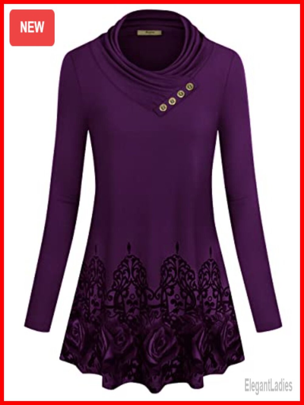 Womens Long Sleeve Cowl Neck Floral Tunic Top Blouse
